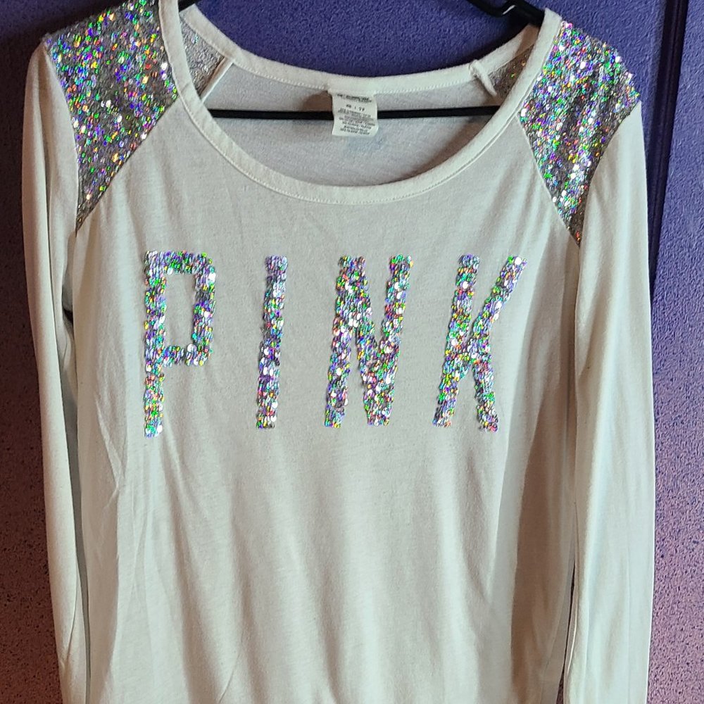 PINK Sequin long sleeve white top